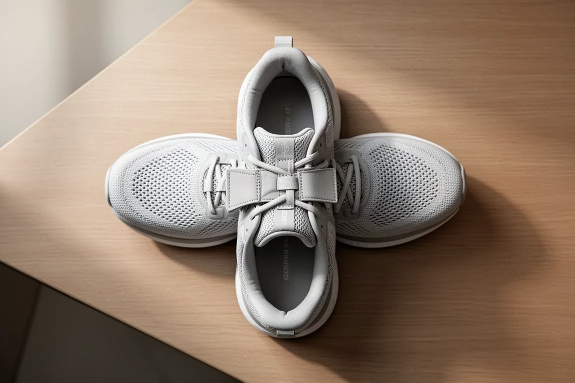 Top-down view of a mesh running shoe upper with lacing and tongue