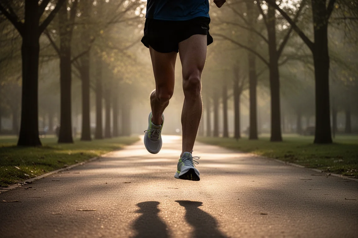 Runner cruising along a park path in soft morning light
