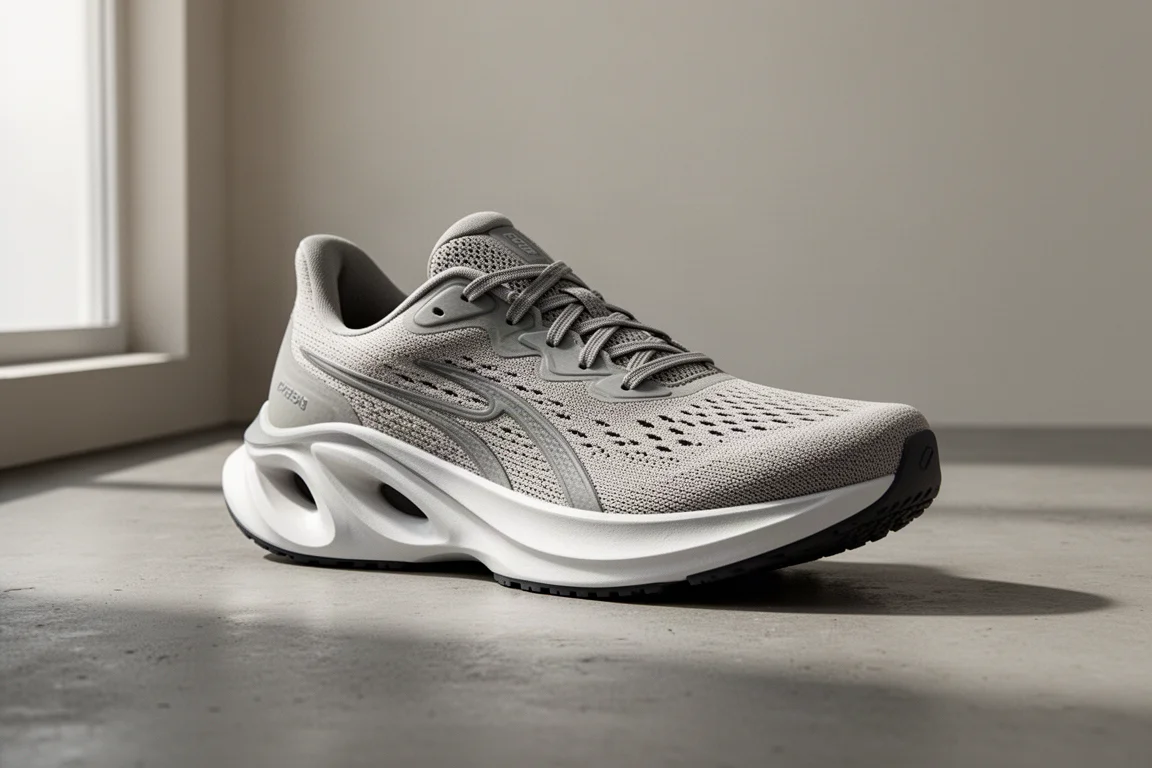 Lightweight Puma running shoe with thick foam midsole on concrete