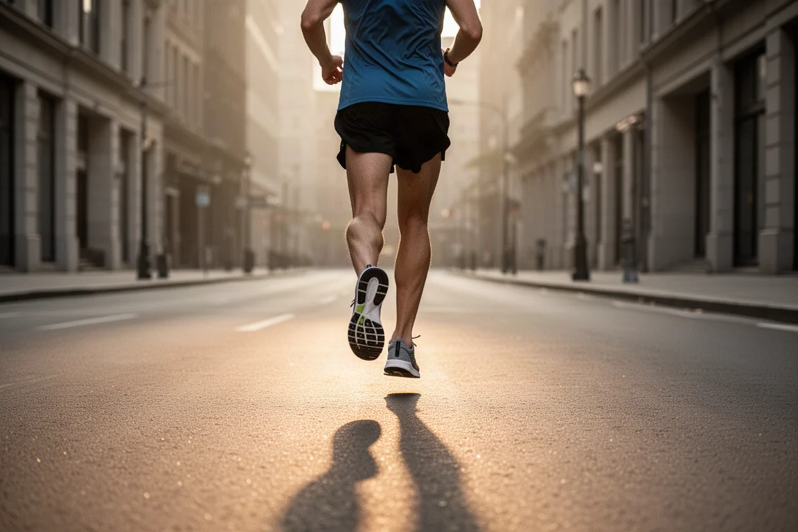 Runner on a quiet city street at dawn wearing lightweight daily trainers
