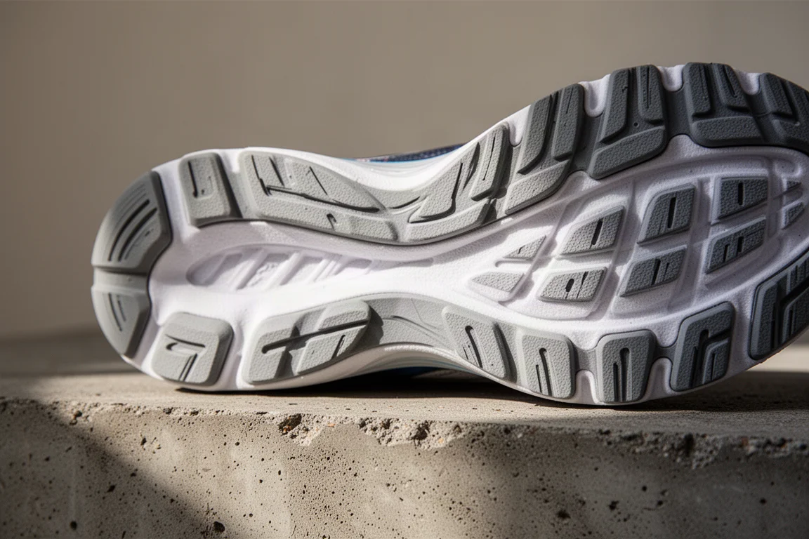 Close-up of a running shoe outsole showing thin rubber grip pattern