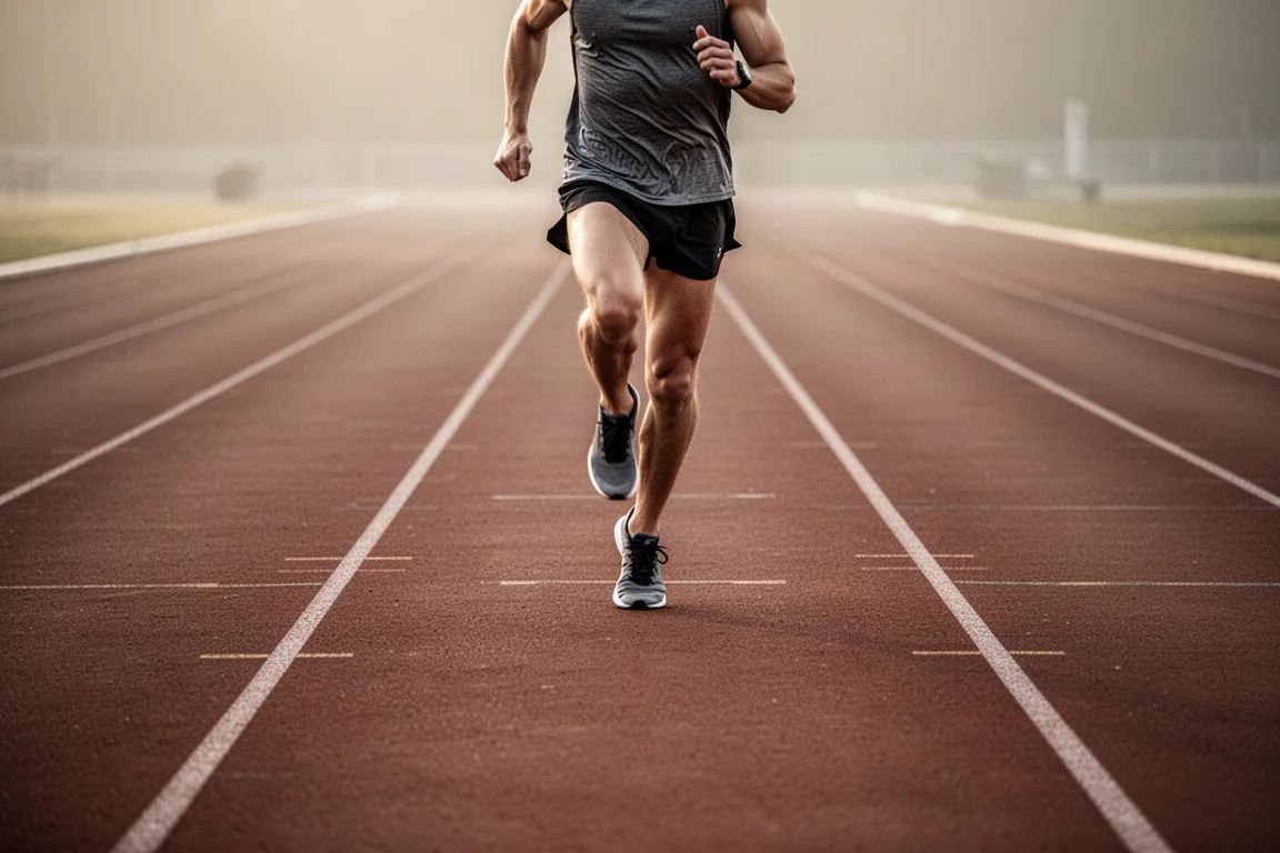Track workout scene with runner striding at tempo pace