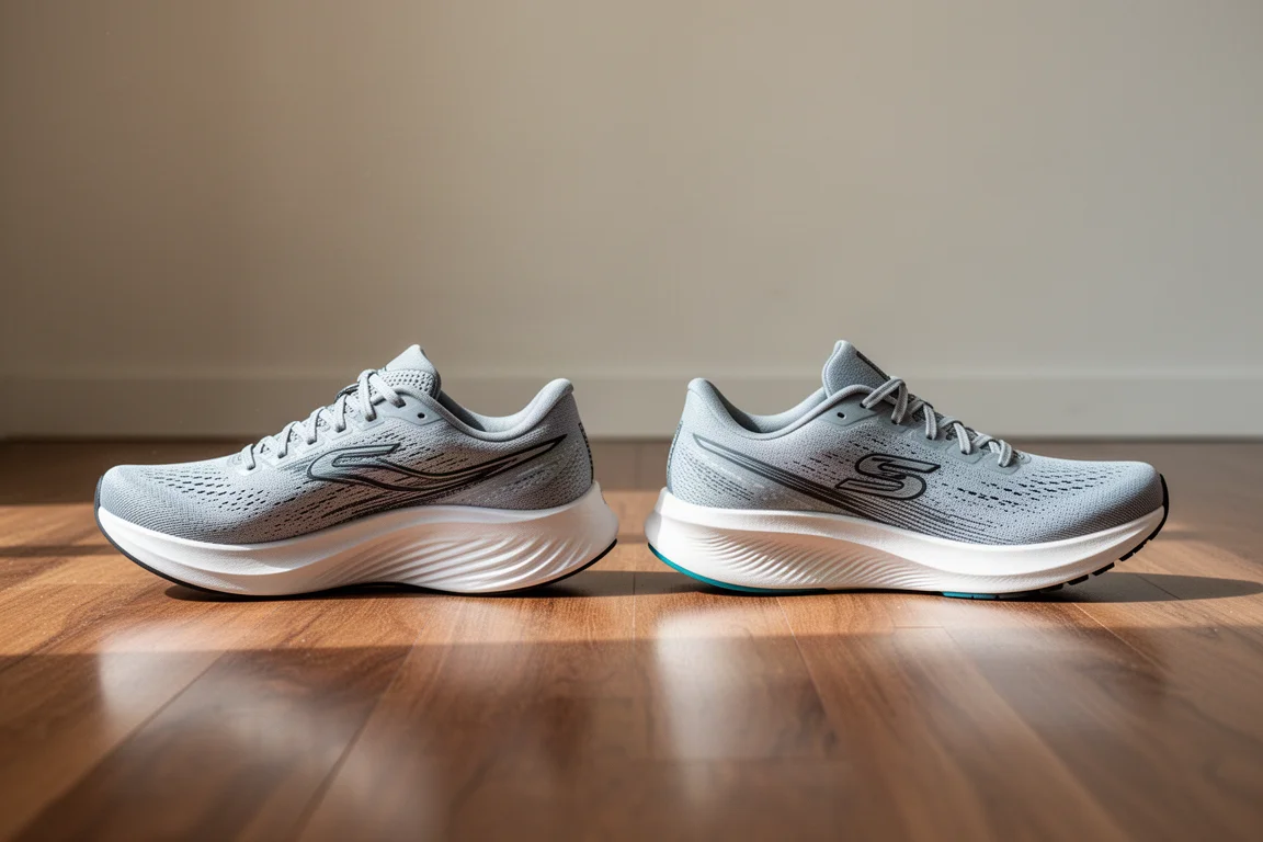 Two running shoes side by side on a wooden floor for comparison