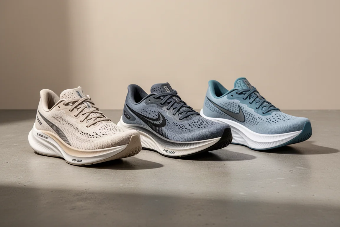 Tre scarpe da running moderne allineate su una superficie di cemento