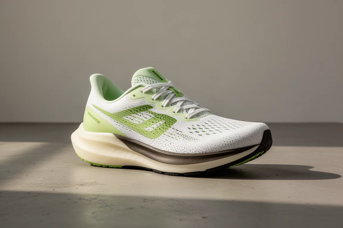 Puma DV8 Nitro 4 Laufschuh in Grün und Weiß auf einer Betonoberfläche