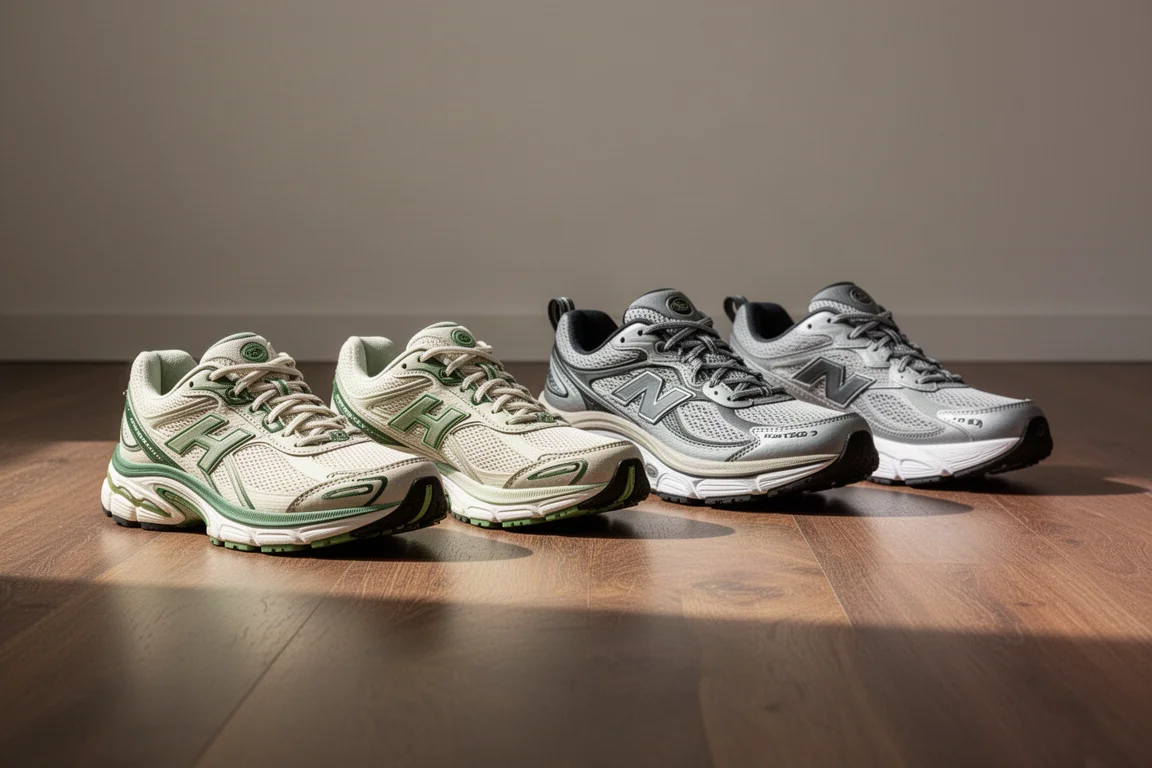 Trainer mit Platte und Wettkampfschuhe auf einem Holzboden aufgereiht