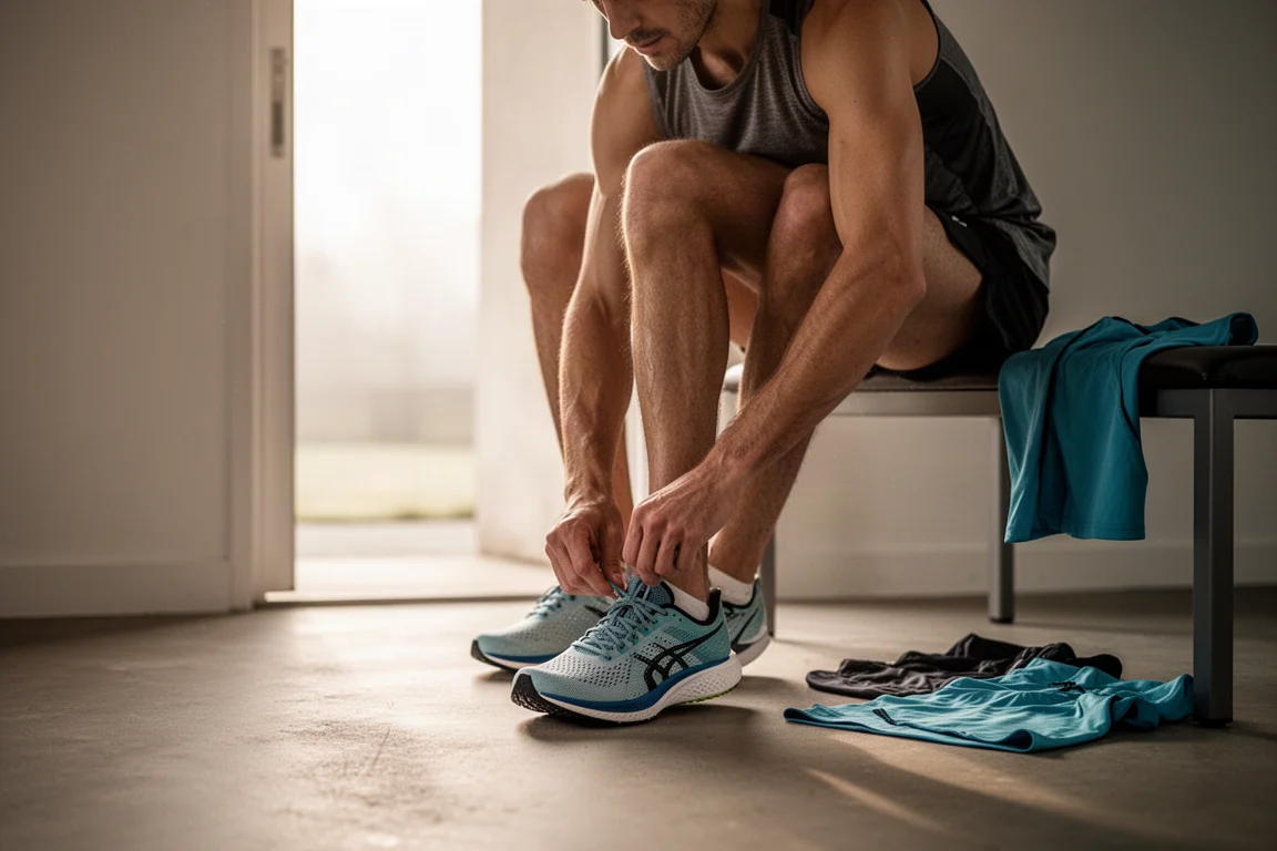 Un corridore allaccia una scarpa da gara leggera prima di un allenamento al mattino presto