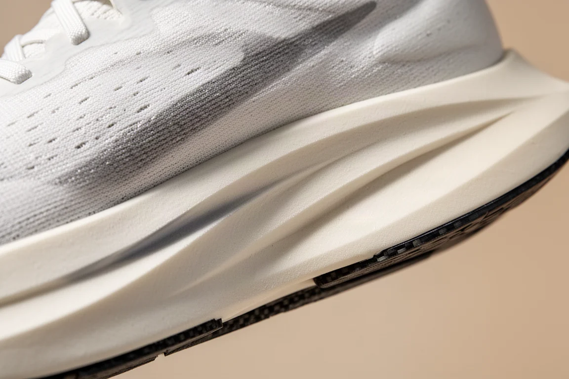 Dettaglio della schiuma scolpita dell'intermedia su una scarpa da running con piastra in carbonio