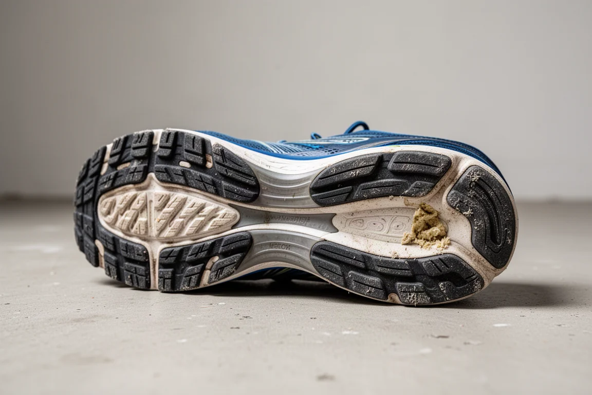 Suola di una scarpa da running che mostra un'usura moderata della suola esterna dopo molte miglia