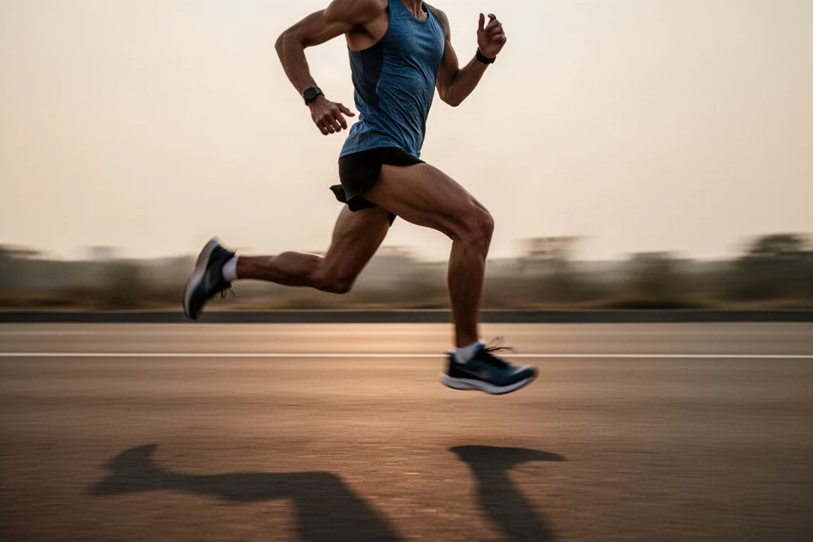 Un atleta corre al ritmo di gara su asfalto aperto nella luce soffusa della sera