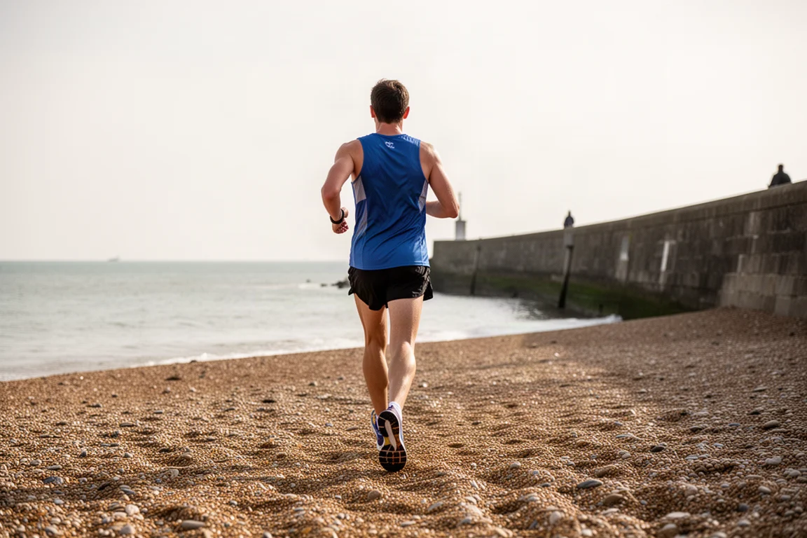 Läufer kühlt sich nach einem 10K-Rennen mittags an der Seepromenade ab