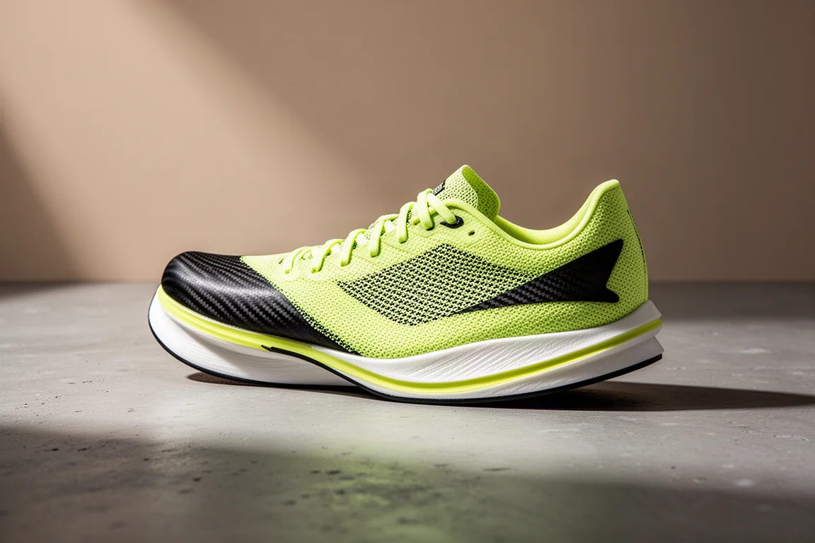 Scarpa da corsa leggera con piastra in carbonio su una superficie di cemento