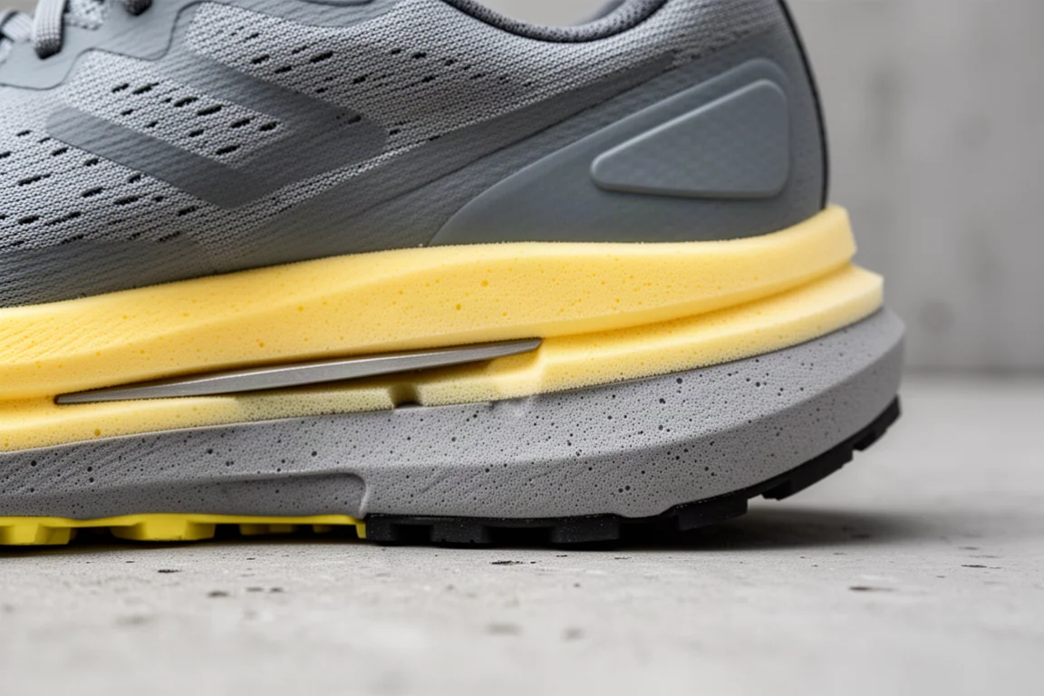 Primer plano de la mediasuela de una zapatilla de running mostrando una pila de espuma de doble capa