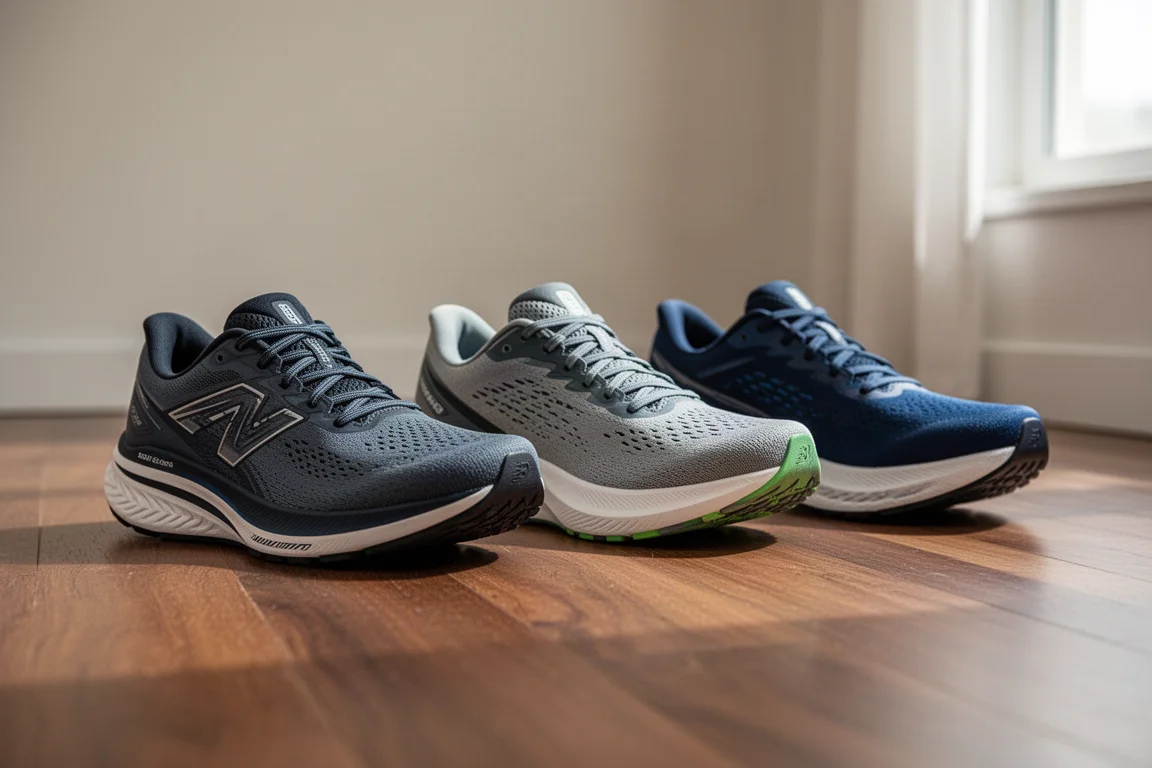 Tres zapatillas de running alineadas en paralelo sobre un suelo de madera