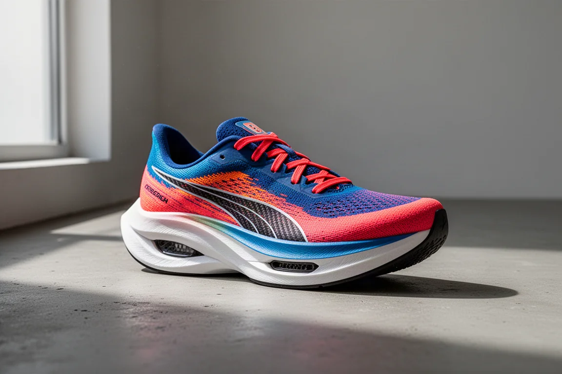 Carbon-plated running shoe with thick midsole on concrete surface