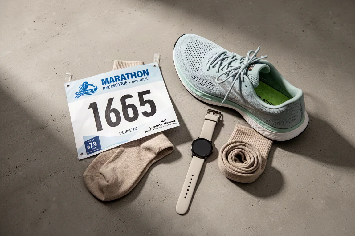 Flat-lay minimalista di attrezzatura da maratona su una superficie di cemento