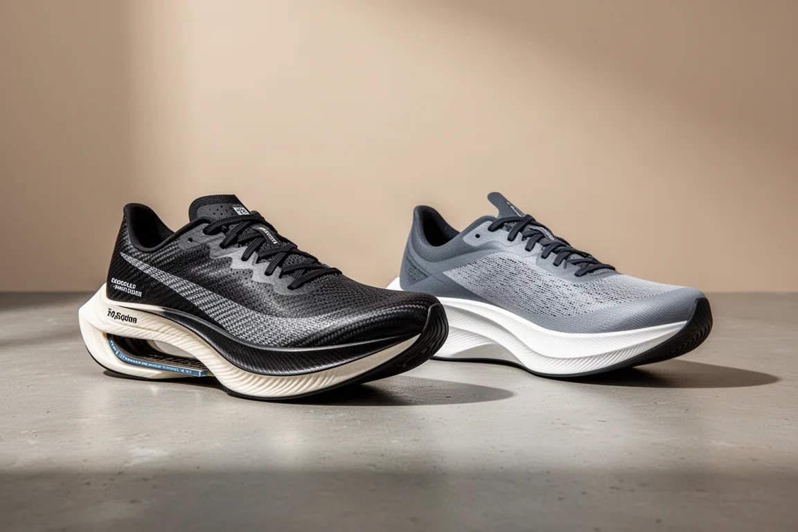 Two carbon-plated marathon racing shoes side by side on a concrete surface