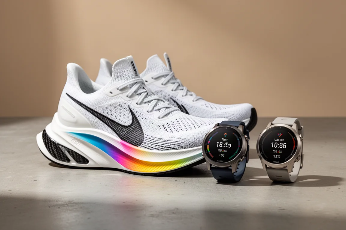 Scarpa da corsa Puma Fast-R 3 accanto a due orologi GPS Garmin su cemento