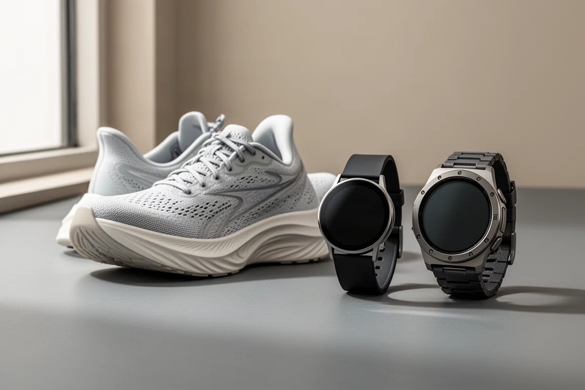 Racing shoe and two premium sports watches on a matte grey surface
