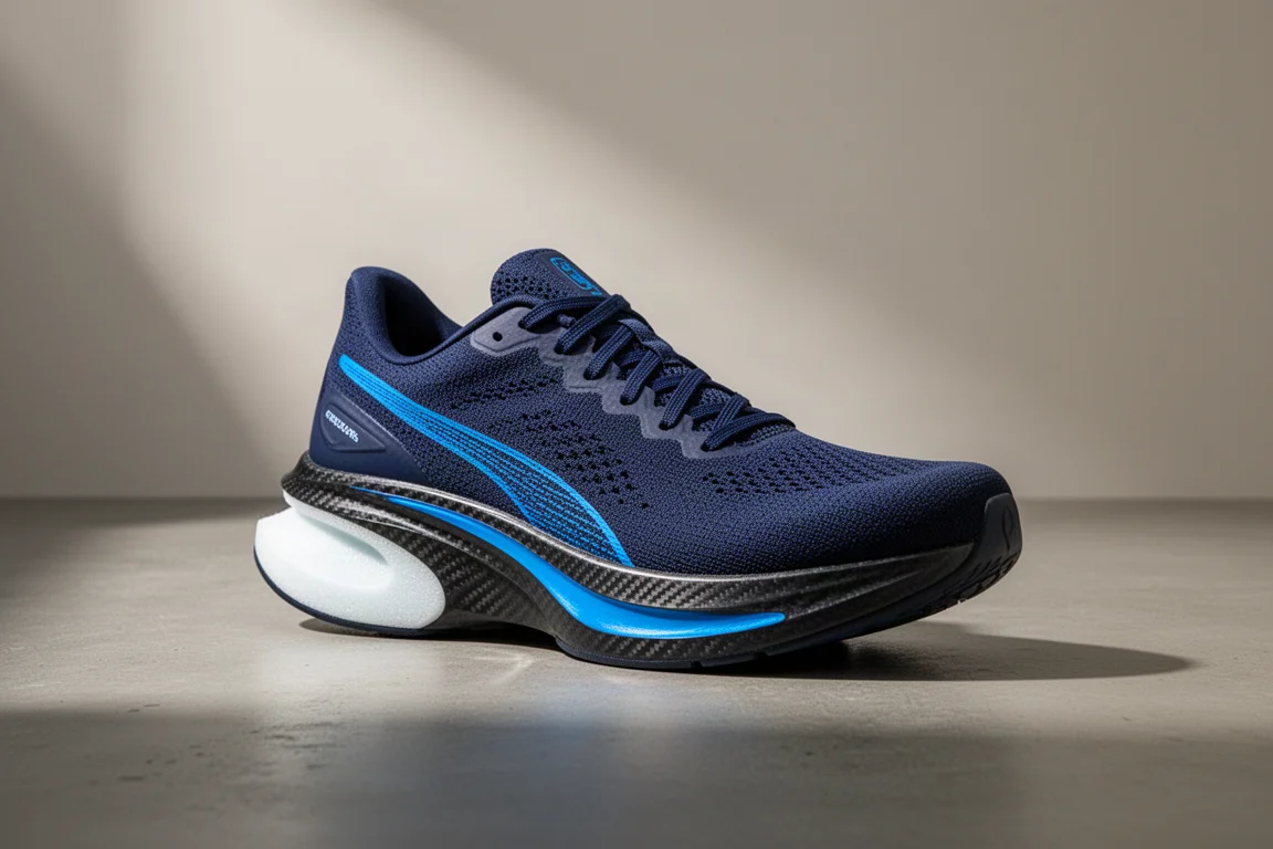Puma Fast-R 3 racing shoe on a concrete surface in soft studio light