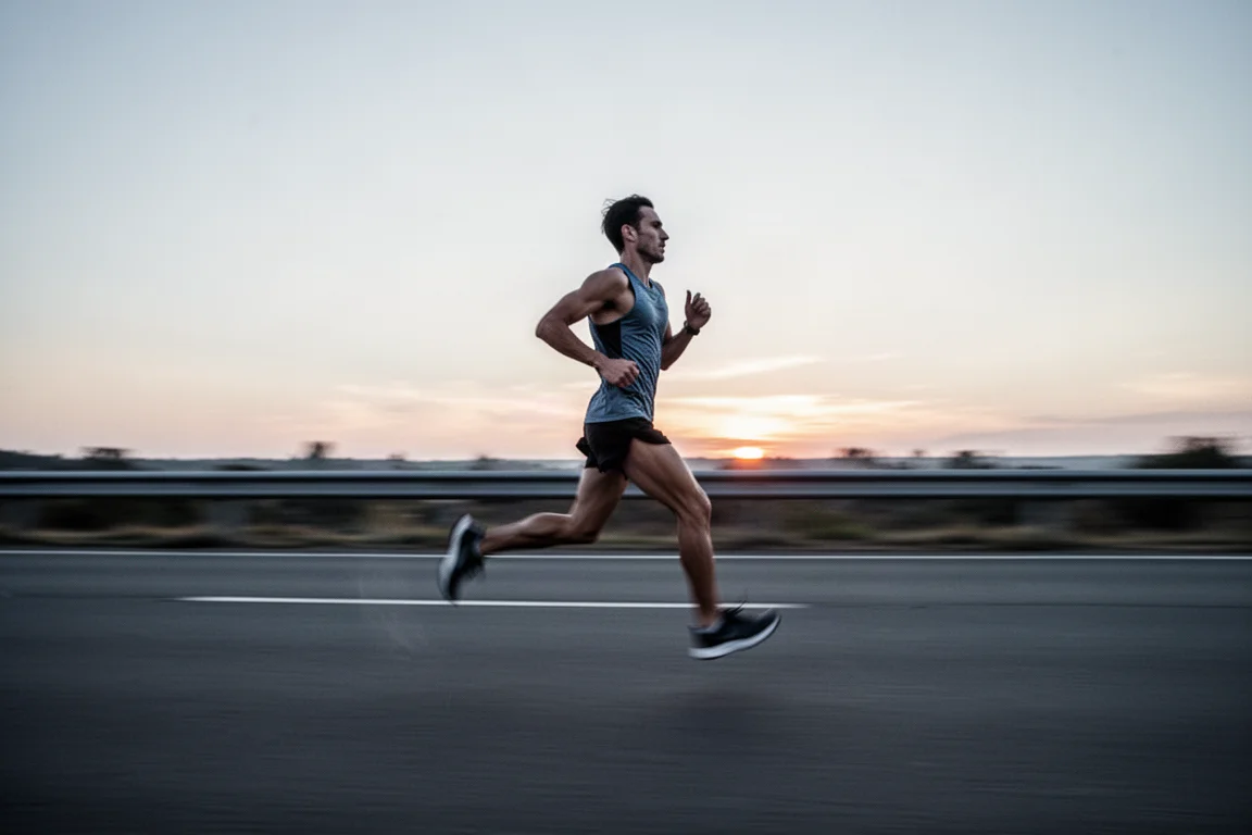 Runner che corre a ritmo facile su un sentiero pavimentato, visibilmente rallentato e in difficoltà