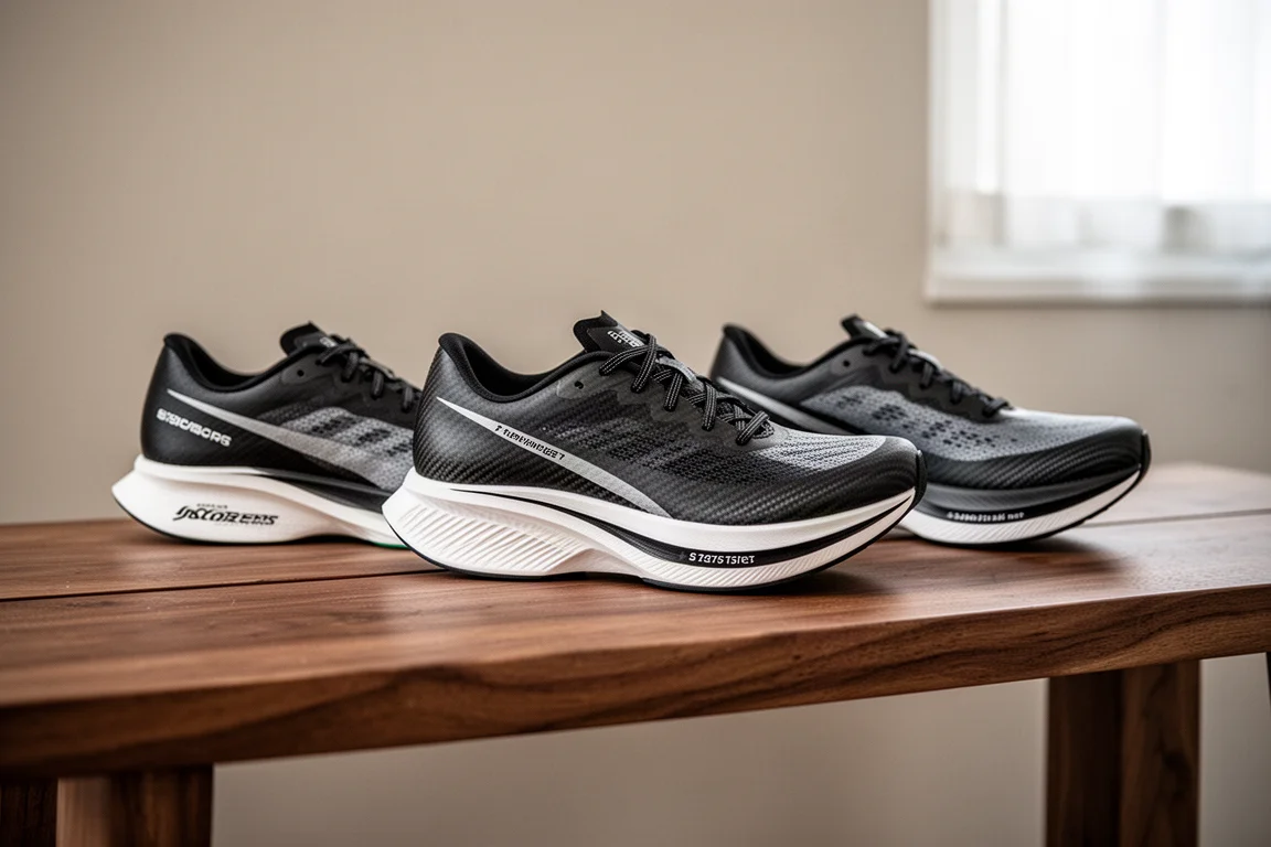 Due scarpe da gara con piastra in carbonio affiancate per il confronto su una pista