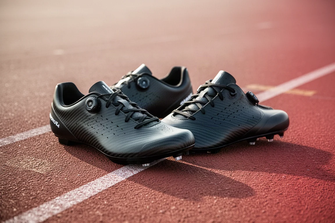 Two carbon plate racing shoes side by side on a track surface