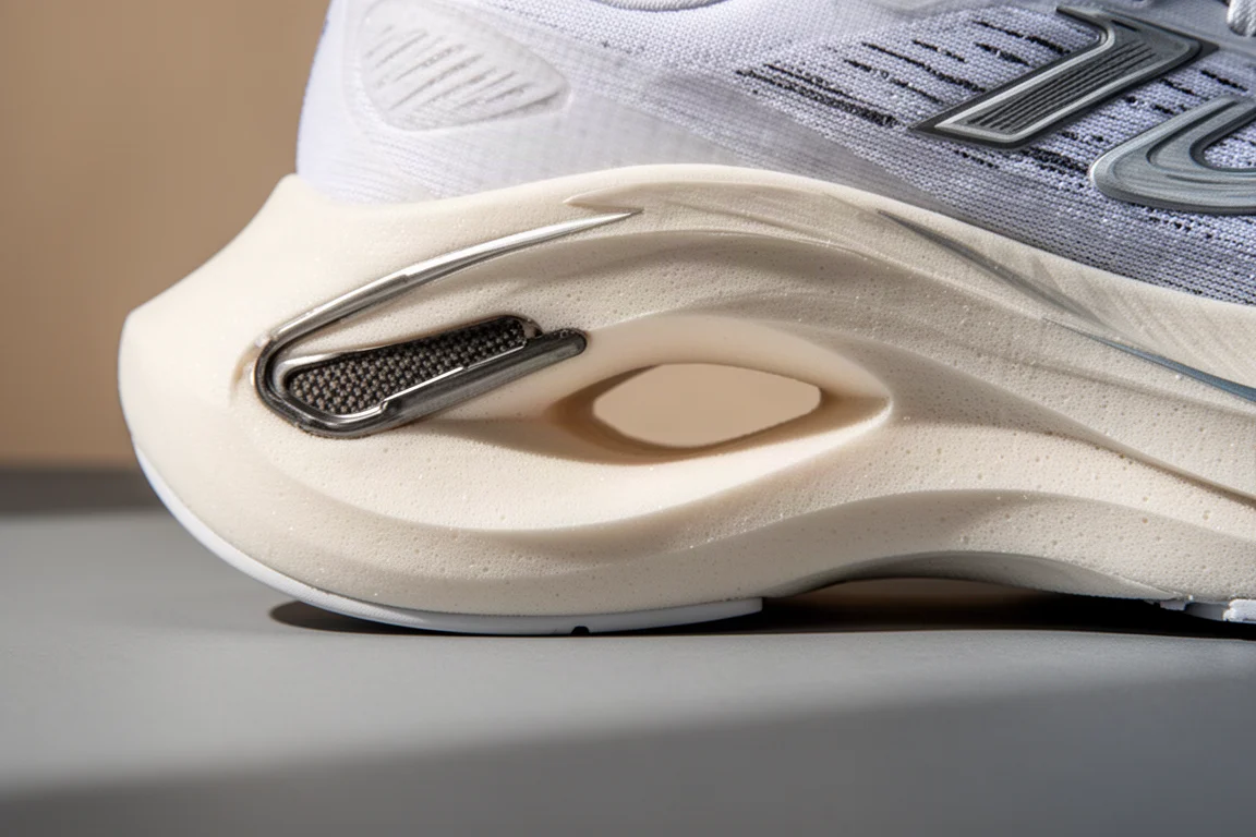 Close-up of a running shoe midsole showing foam cutouts and carbon plate edge