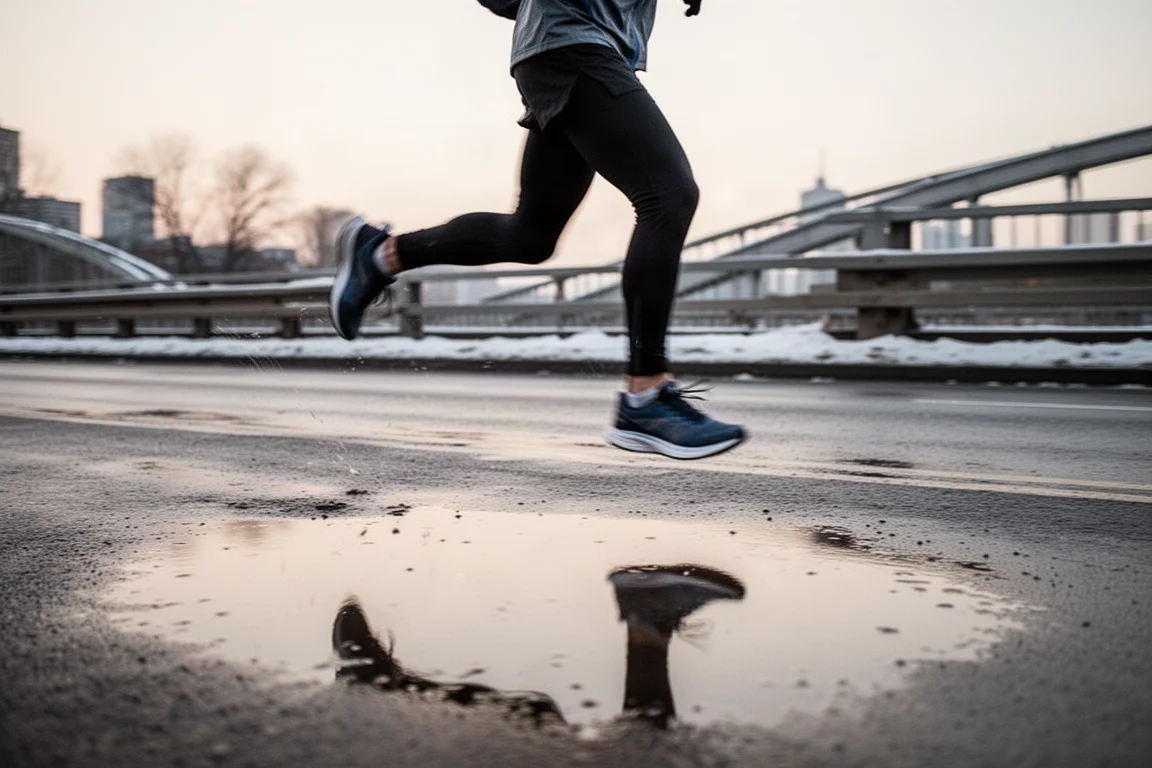 Runner crossing a bridge on wet winter roads in soft evening light