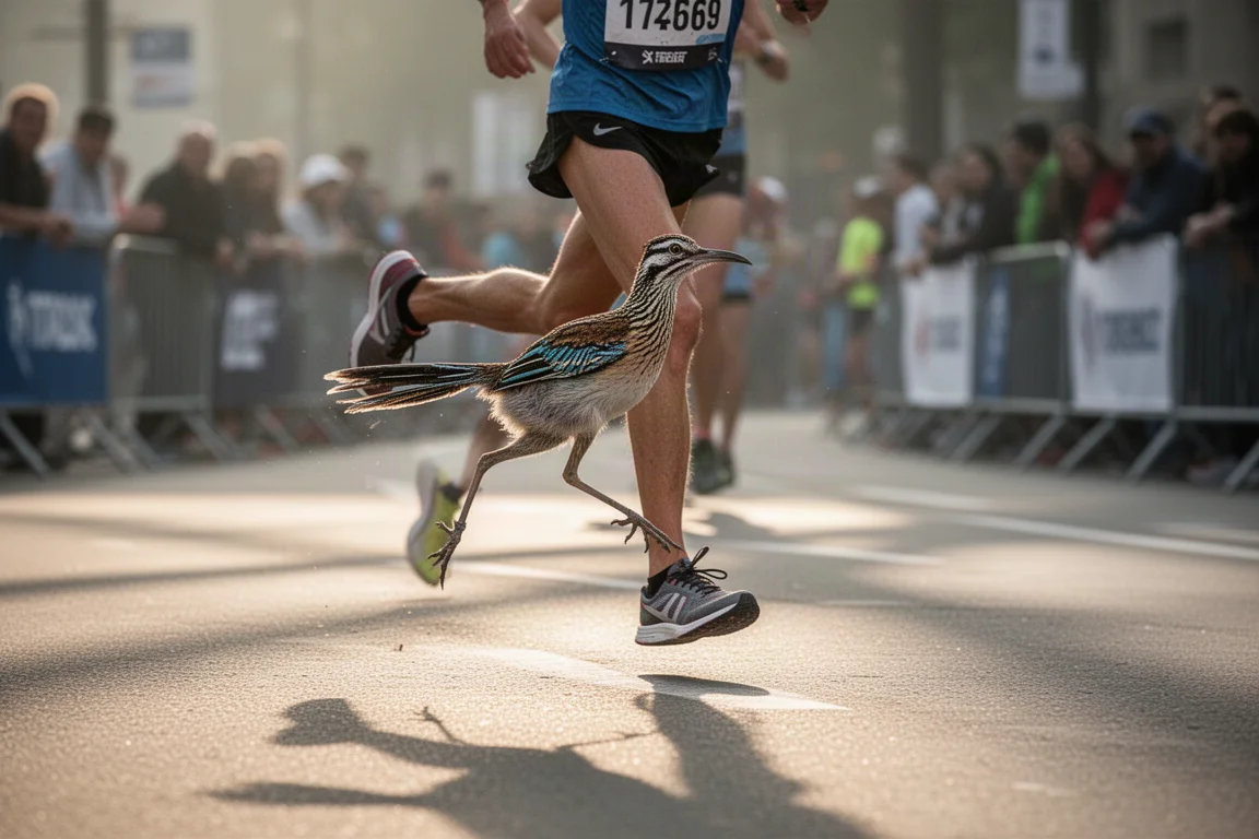 Road marathon runner on an open city course in morning light