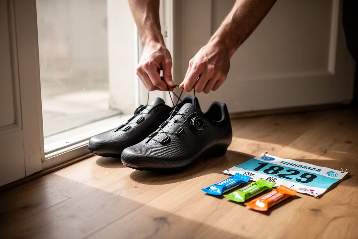 Un coureur lace ses chaussures de course à carbone avant une sortie aux premières heures du matin