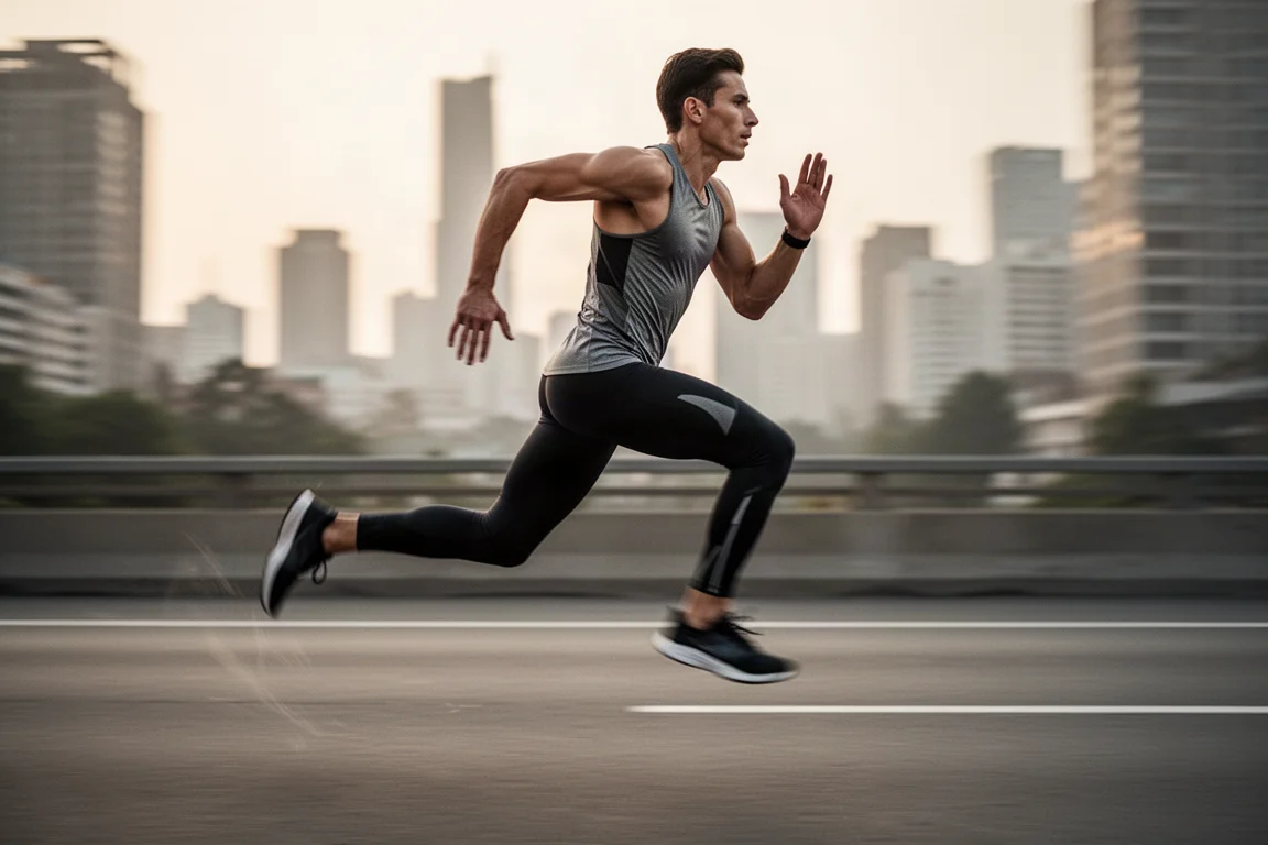 Un coureur accélère sur une route urbaine déserte pendant une séance d'entraînement