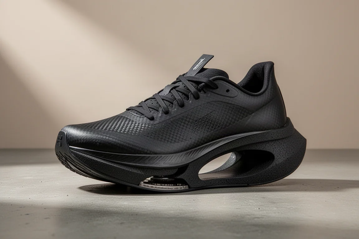 Puma Fast-R Nitro 2 marathon racing shoe with exposed carbon plate on concrete surface