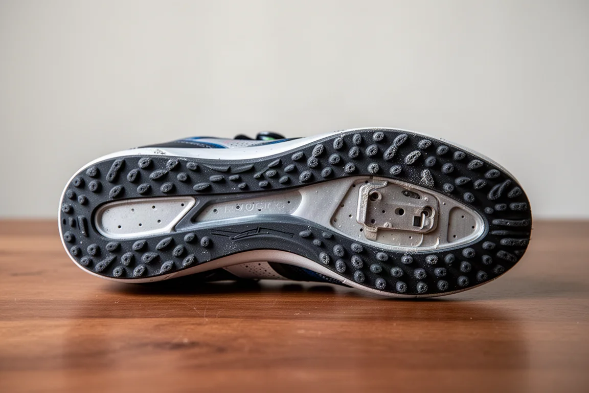 Crampons en caoutchouc de la semelle extérieure avec de légers signes d'usure après 100 km