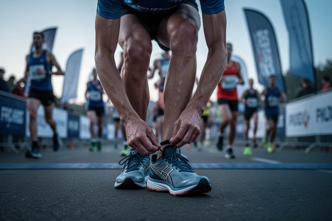 Coureur se préparant pour un semi-marathon à la lumière du petit matin