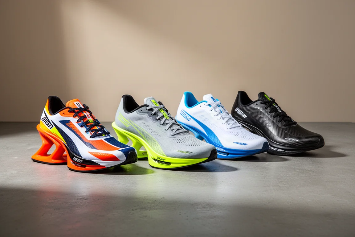 Four carbon-plated racing shoes lined up on a grey concrete surface