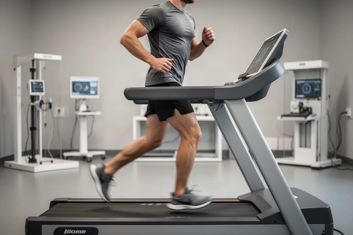 Sportler läuft auf einem Laufband in einem modernen Testlabor