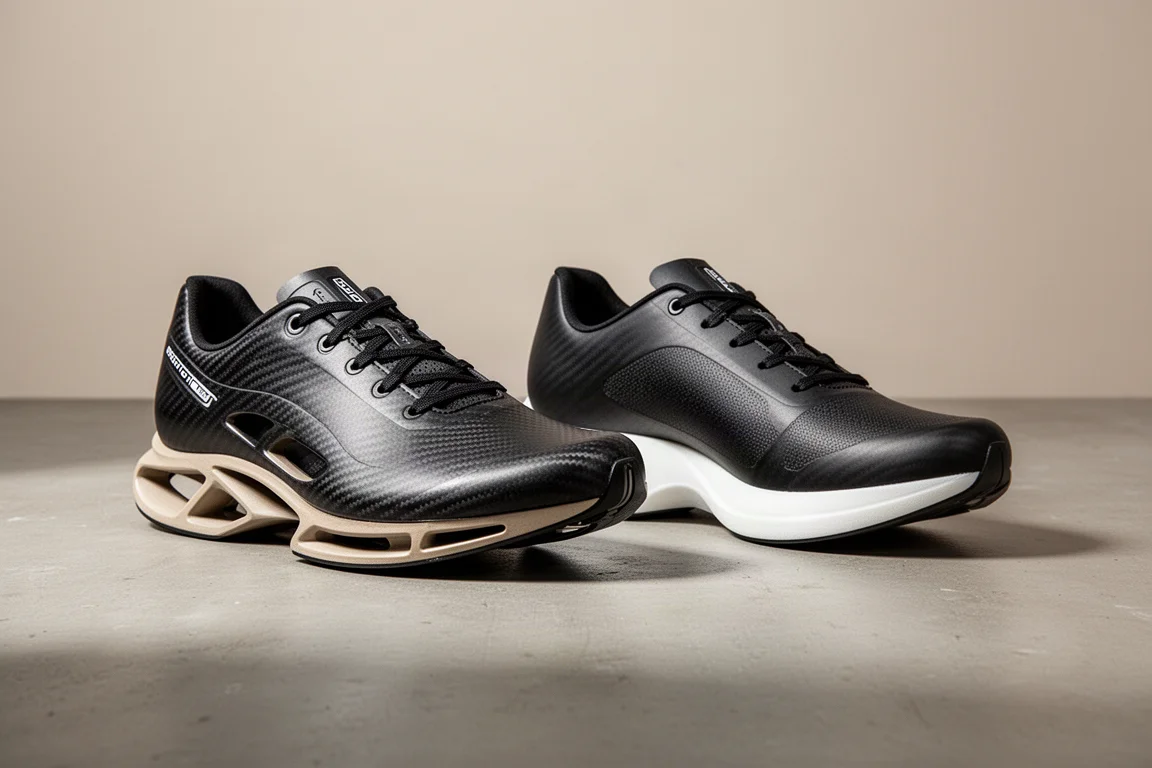 Two carbon racing shoes side by side on a concrete surface