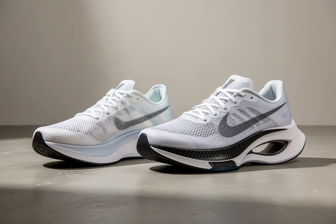 Two carbon-plated racing shoes side by side on a concrete surface