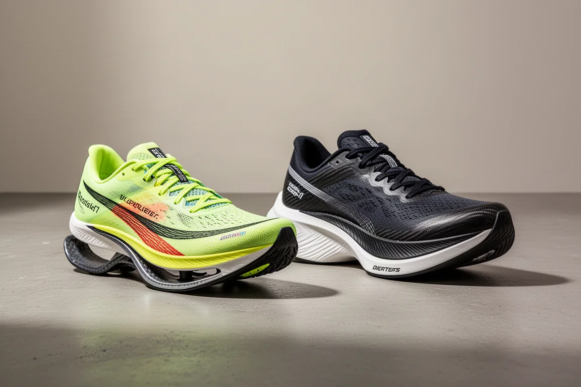 Two carbon-plate marathon racing shoes side by side on a concrete surface