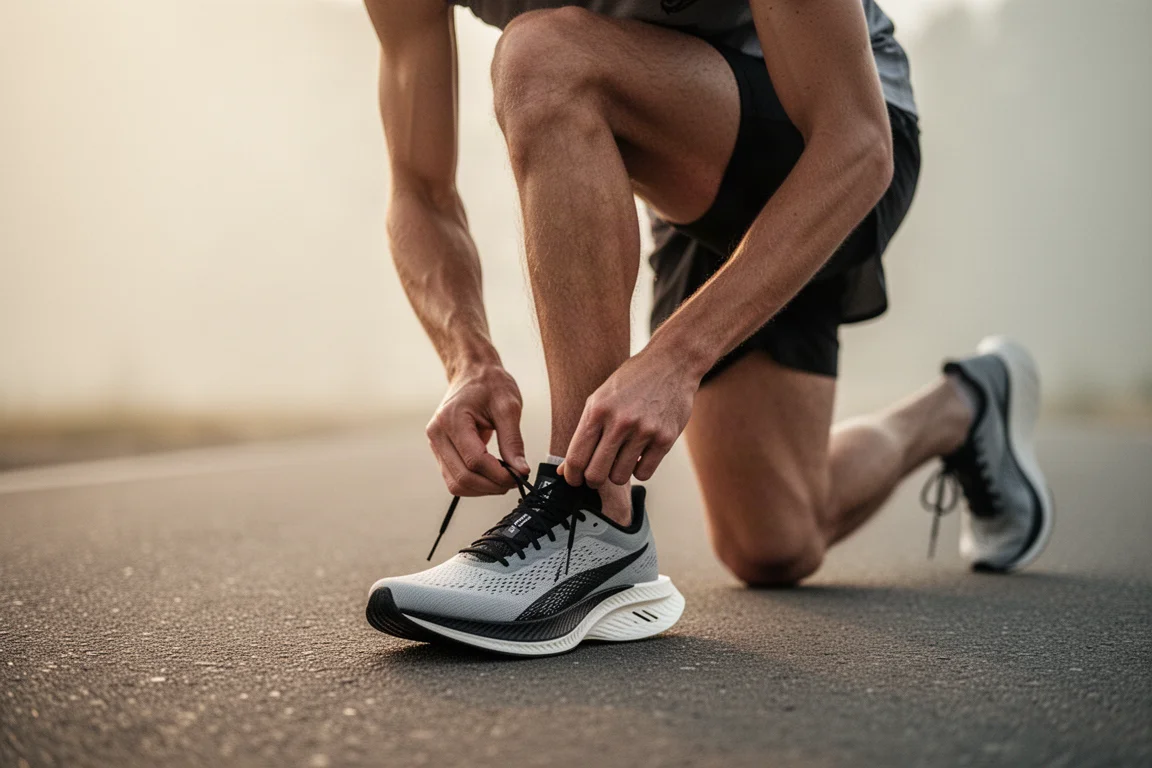 Runner tying the laces of a carbon-plated racing shoe at dawn