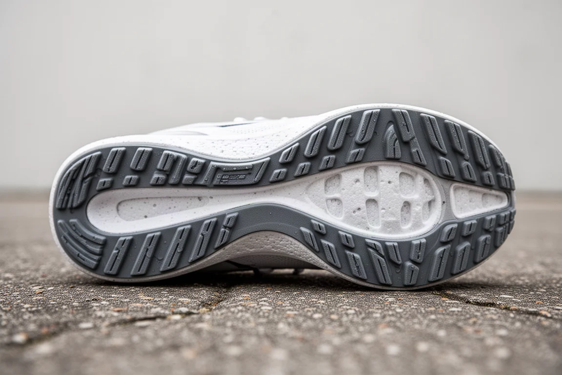 Close-up of a racing shoe outsole showing rubber traction pads on pavement