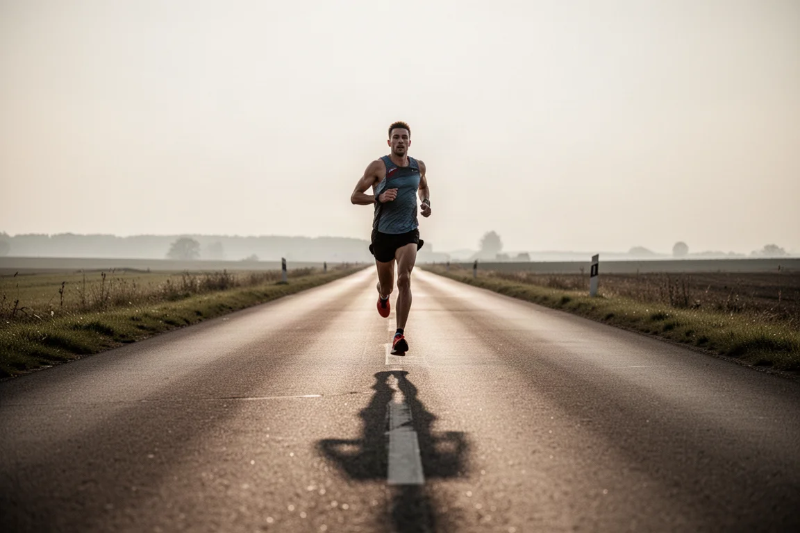 Marathon runner holding pace on an open road late in a long run