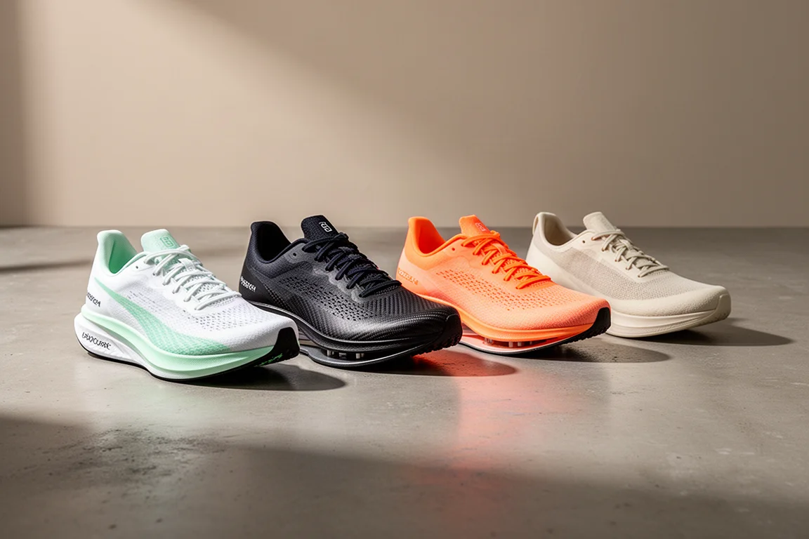 Four carbon-plated racing shoes arranged in a row on a concrete surface