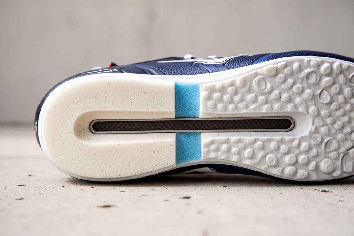 Primo piano del materiale traspirante della tomaia di una scarpa da running con dettaglio dei lacci
