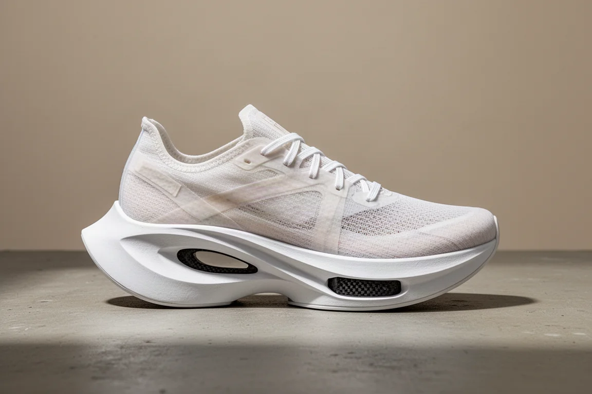 Puma Fast-R Nitro Elite racing shoe with exposed carbon plate on concrete surface