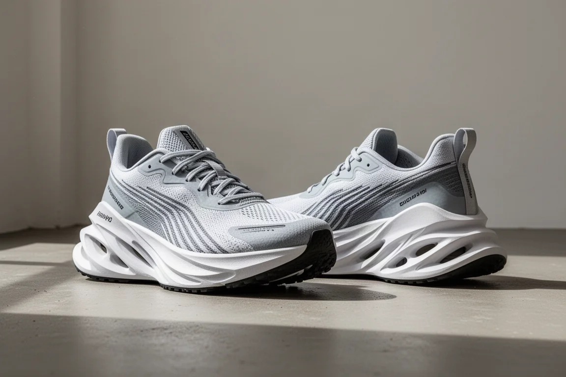 Two racing shoes side by side on concrete, showing midsole geometry differences