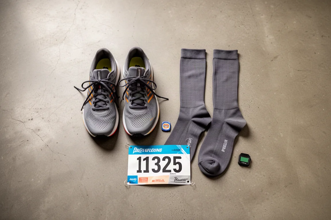 Overhead flat-lay of racing shoes, socks, and race-day accessories