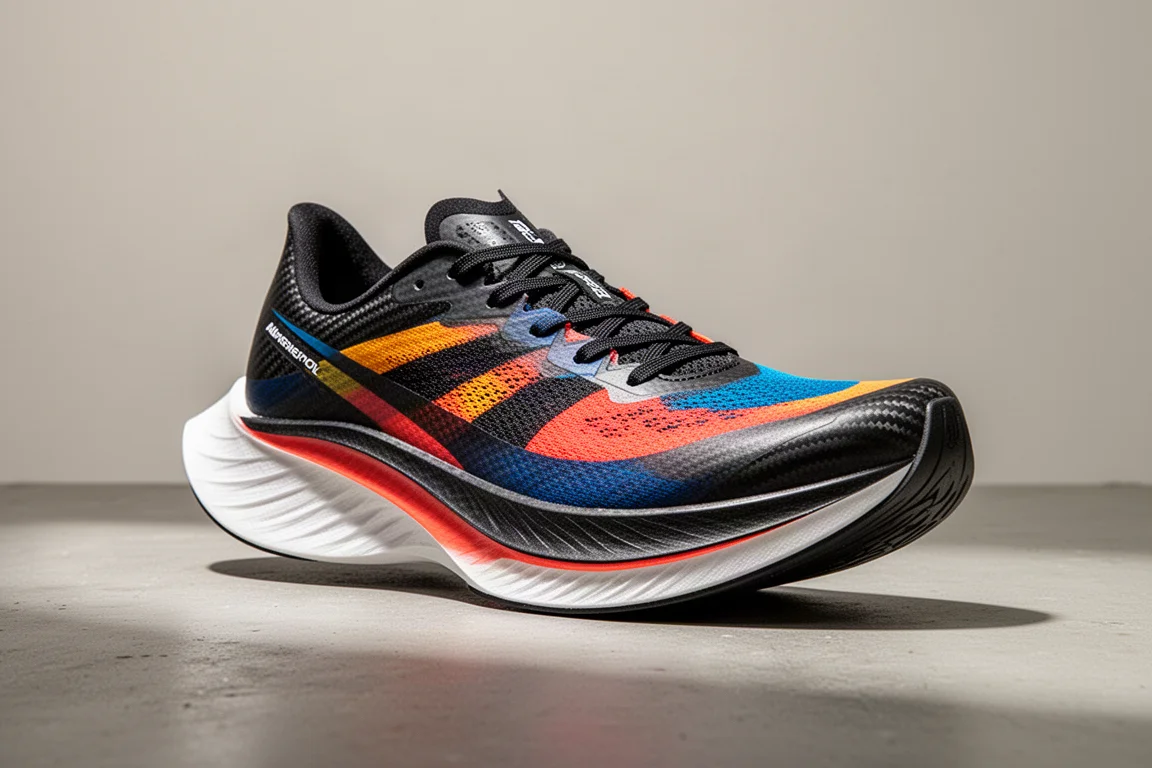 Puma Fast-R carbon racing shoe with extreme rocker geometry on concrete