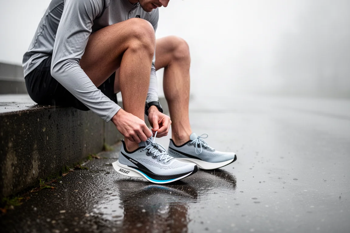 Runner lacing up racing shoes on a gray drizzly morning before a long run